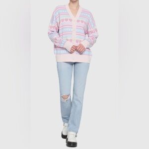 Hot Topic pastel strawberry Fair Isle girls oversized cardigan size medium